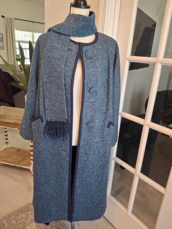 Raphael's Jackets & Blazers - Vintage 1960s Women's Blue Textured Trench Coat with Matching Scarf